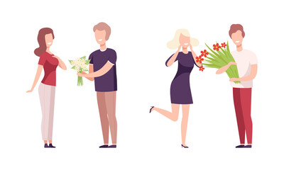 Canvas Print - Man Giving Bouquet of Flowers to Woman Making Gallant Gesture Vector Set