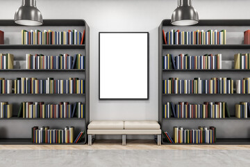 Modern library interior with bookcase, bench and mock up poster on wall. 3D Rendering.