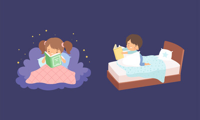 Wall Mural - Cute Little Boy and Girl on Soft Cloud and Bed at Night and Reading Bedtime Story Vector Set