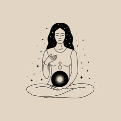 Poster - Mystical composition with girl in lotus position and luminous ball. Vector illustration in a trendy minimalist style. Modern art for printing posters, t-shirt  for social media post and stories.