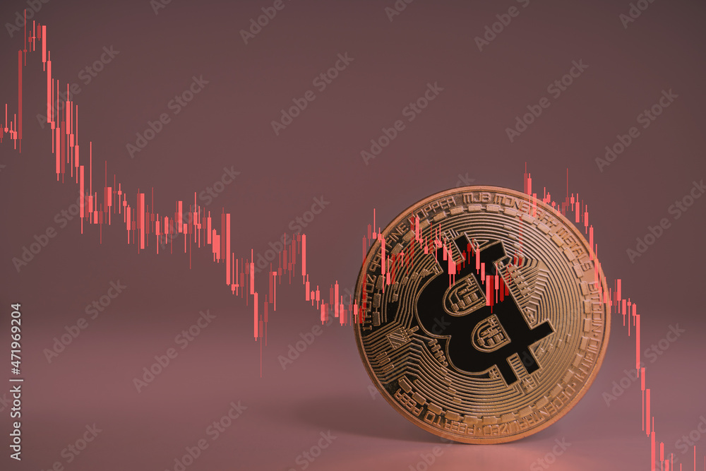 Closeup Bitcoin cryptocurrency upside down when Bitcoin price crash falling down, price, volume in stock market decrease for any risk with red trading price graph chart. Bitcoin price crash concept.