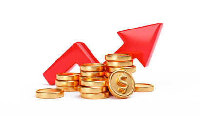 Financial business of arrow up sign or growth money gold coin currency graph profit and success investment market finance chart isolated on white 3d treasure background with economy banking stock.