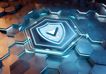 Sticker - Shield icon concept engraved on metal hexagonal pedestral background. Security Logo glowing on abstract digital surface. 3d rendering