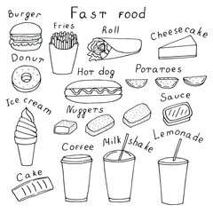 Fast food set vector illustration, hand drawing doodles