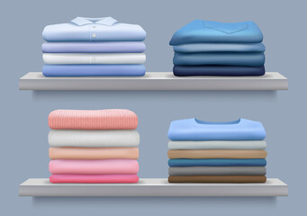 Stacked clothes. Folding clean after laundry cotton pile of fashioned clothes shirts jackets pants decent vector realistic collection