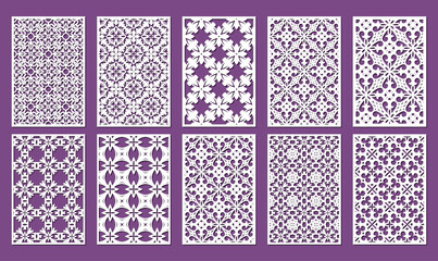 Laser cut ornamental panel templates set 2:3. Template for wedding invitation or greeting card. Cabinet fretwork screen. Metal design, wood carving, vector.