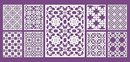 Wall Mural - Laser cut ornamental panel templates set 3:4. Template for wedding invitation or greeting card. Cabinet fretwork screen. Metal design, wood carving, vector.