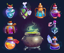 Halloween Witch Potion Bottles Set, Cartoon Boiling Cauldron. Vector Magic Liquid In Glass Jar Design Element For Gui Games. Collection Vials With Caps, Witchcraft Apothecary Antidotes. Spells Elixir