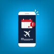Flight delay info or travel agenda. Online reminder. Important airline airplane departure notification message on mobile phone. 
