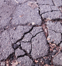 A Fragment Of An Old Road With A Broken Asphalt Surface, With Cracks, Remnants Of Fallen Leaves And Other Debris.