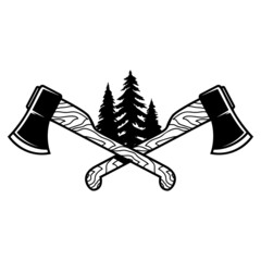 Sticker - Crossed lumberjack axes with trees. Design element for logo, emblem, sign, poster, t shirt. Vector illustration