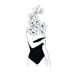 Wall Mural - Abstract Minimalistic Woman Figure With Flowers. Fashion Sensual Vector Illustration Of Female Body In Trendy Linear Style. Design for t-shirts print, poster, tattoo, logo. 