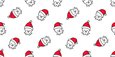 octopus Seamless pattern christmas santa claus hat fish vector squid salmon tuna shark dolphin doodle icon cartoon ocean sea pet animal repeat wallpaper tile background scarf isolated illustration doo