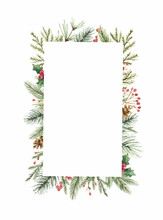 Watercolor Vector Christmas Frame With Fir Branches, Leaves And A Cone.