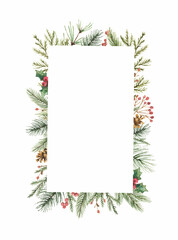 Wall Mural - watercolor vector christmas frame with fir branches, leaves and a cone.