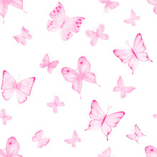 Seamless Botanical Summer Pattern With Pink Watercolor Butterflies