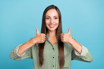 Sticker - Photo of mature cheerful lady show thumbs-up promo good perfect select advertise isolated over blue color background