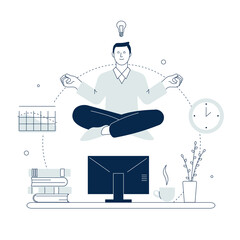 Wall Mural - Man meditation on work. Businessman meditate, zen and chilling. Business relax, busy manager take a break. Relaxing in office, no stress recent vector concept