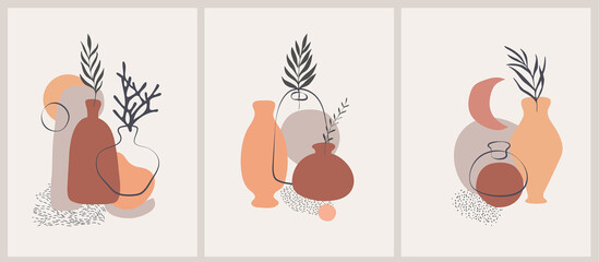 Wall Mural - set of minimal trendy doodle vase with tropical leaf in organic freehand matisse art style. . contem