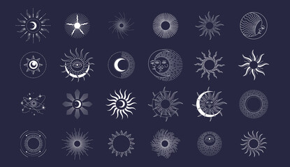 Set of celestial mystic esoteric and magic elements sun and moon with shine and sunburst. Alchemy tattoo object logo template. Vector