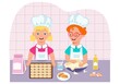 Small children knead dough for dessert. The process takes place in the kitchen, where little chefs learn to cook. Boy and girl are flat comic style characters. Vector