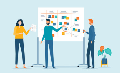 Poster - Flat vector illustration design group business people team meeting talking brainstorming for Business marketing planning concept with color sticky note on whiteboard. set cartoon character design.
