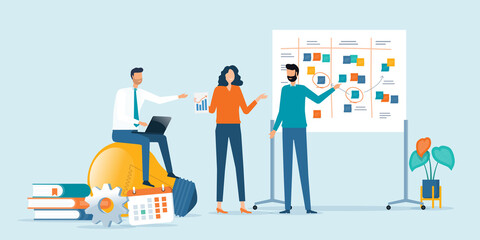 Poster - Flat vector illustration design group business people team meeting talking brainstorming for Business marketing planning concept with color sticky note on whiteboard. set cartoon character design.