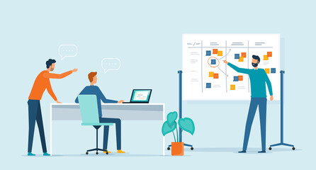 Poster - Flat vector illustration design group business people team meeting talking brainstorming for Business marketing planning concept. Businessman sitting at desk working with laptop. 