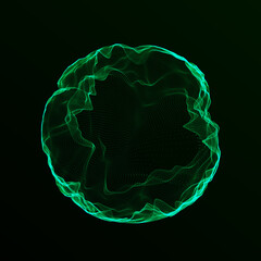 Spherical equalizer for music. Round sound wave of particles. Musical abstract green background. 3D rendering.