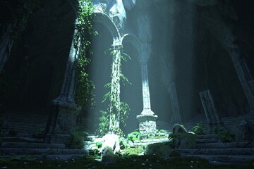 Wall Mural - The ruins of an old abandoned temple with stone columns overgrown with green vegetation in the rays of bright sunlight. Mystical photorealistic 3D illustration.