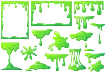 Slime frame. Cartoon mucus green goo drip sticky slimy mucus, liquid splash splatter, viscous snot, blob poison, splodge glow glue jelly, neat vector icon