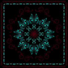 Vector Three Color Abstract Pattern In Emerald Red Black Color. Ethnic Pattern, Black Background. Frame Edging From Dots Of Different