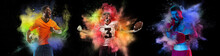 Collage With Professional Football Players And Boxer Posing In Explosion Of Paints And Colorful Powder. Sport, Fashion, Show Concept