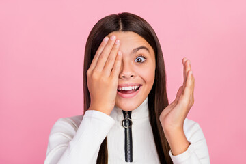 Poster - Photo of impressed brunette little girl close eye wear white pullover isolated on pastel pink color background