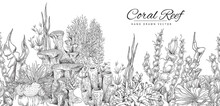 Coral Reef Hand Drawn Background Or Seamless Banner In Sketch Style, Vector Illustration On White.