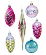 Set of watercolor illustrations: vintage glass Christmas  decorations: balls, cones, icicle. Hand-drawn Xmas or New Year decoration