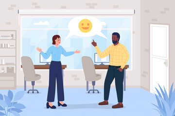 Wall Mural - Happy coworkers conversation flat color vector illustration. Good communication skills in work team. Colleagues 2D cartoon characters with corporate workplace interior on background