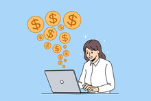 Happy Successful Businesswoman Work Online On Laptop Receive Good Financial Income From Web Trading. Smiling Woman Freelancer Get Paid In Internet, Get Dividend From Investment. Vector Illustration. 
