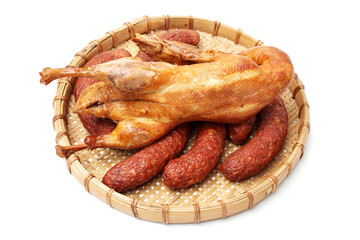 Wall Mural - Smoked duck and Sausage on white background 