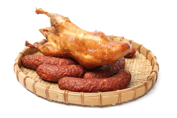 Canvas Print - Smoked duck and Sausage on white background 