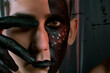 © Denis - Portrait of a young man with unusual makeup. The guy is posing without a T-shirt. Black paint on the face.