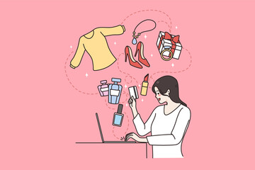 Online shopping and technologies concept. Young smiling woman sitting at laptop shopping online buying clothes and beauty things vector illustration 