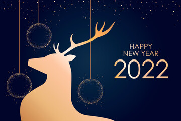 Wall Mural - 2022 new year. Gold silhouette of a deer. Christmas sparkling template for holiday banner, flyer, card, invitation, cover, poster.  Vector illustration.