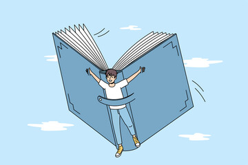 Smiling boy child flying on book explore new world reading literature. Happy kid discover horizons with fairytales or novels. Booklover, education and self-development concept. Vector illustration. 