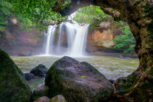 Beautiful Waterfall With Sunlight In Jungle, Haew Suwat Waterfall At Khao Yai Nakhonratchasima Province