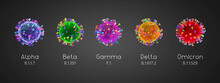 SARS-CoV-2, Covid-19 Virus Variants: Alpha, Beta, Gamma, Delta, Omicron - 3D Illustration