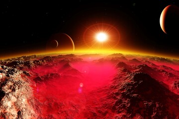 Wall Mural - Incredibly beautiful alien landscape at the rising of a star and a parade of planets, alien world, the surface of another planet, fantastic landscape 3D rendering