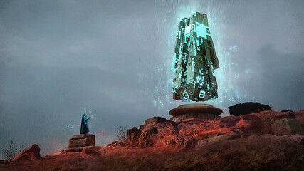 Wall Mural - Digital painting of a sci-fi obelisk on a hill with a person wearing a cloak conducting a ritual - Fantasy 3d illustration