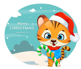 Wall Mural - Cute tiger cub in Santa hat holding big candy cane