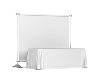 Sticker - Blank tradeshow tablecloth with backdrop banner mockup